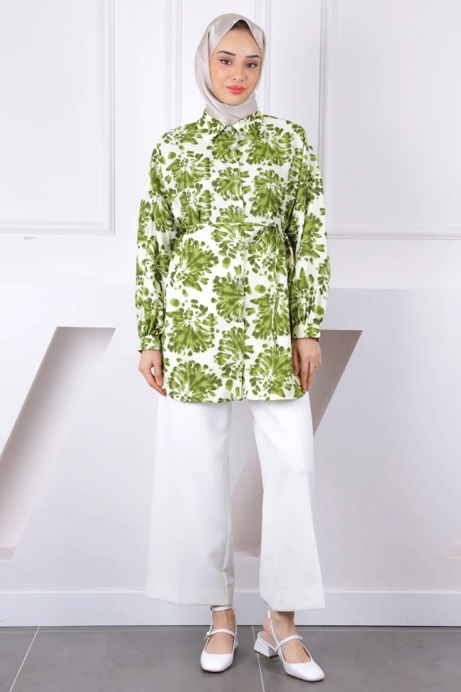 Haki Desenli Düğmeli Tunik