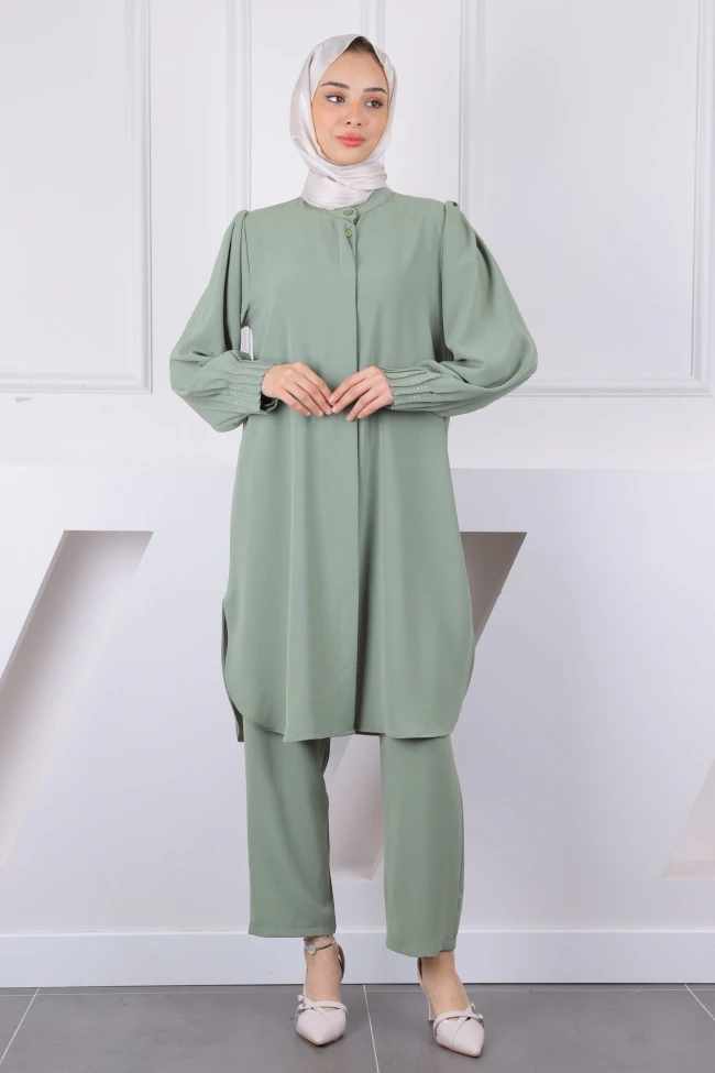 Haki Hakim Yaka Kolu Nervürlü Tunik Pantolonlu Takım