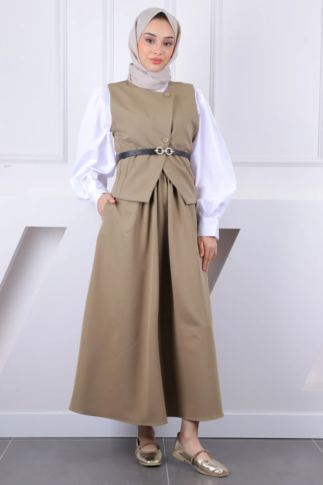 Haki Kemerli Yelek Etekli Takım