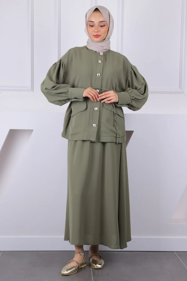 Haki Kol Büzgülü Ceket Etekli Takım