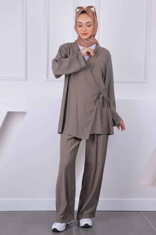 Haki Ön Bağlamalı Kimono Pantolonlu Takım