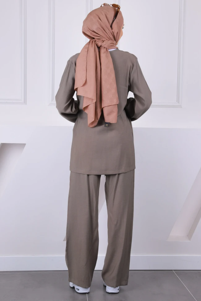 Haki Ön Bağlamalı Kimono Pantolonlu Takım
