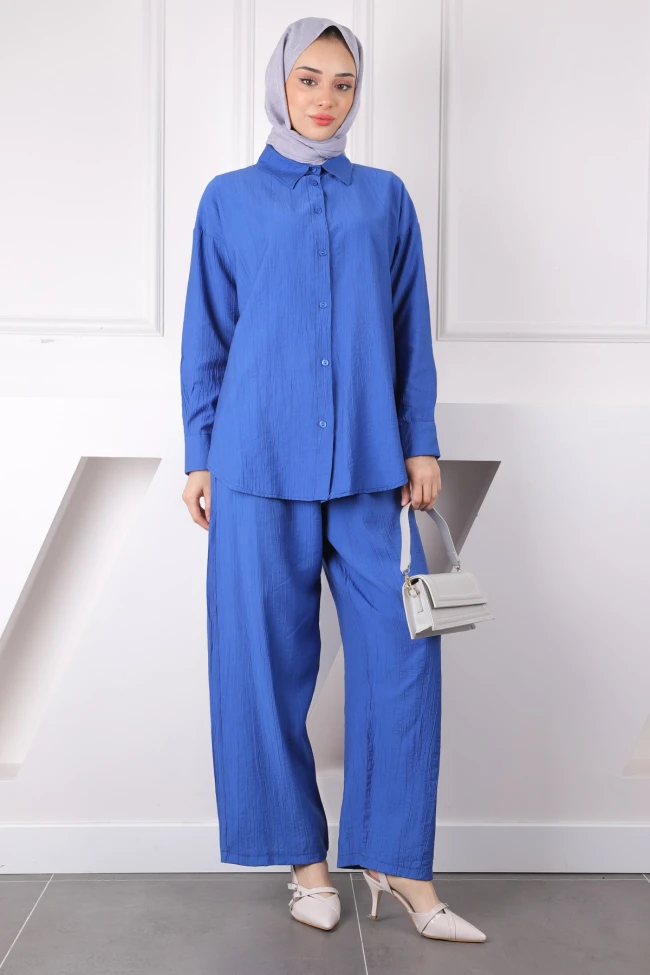 İndigo Bel Lastikli Gömlek Pantolonlu Takım