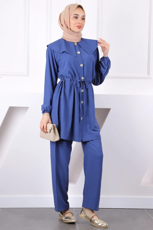 İndigo Beli Bağlamalı Tunik Pantolonlu Takım