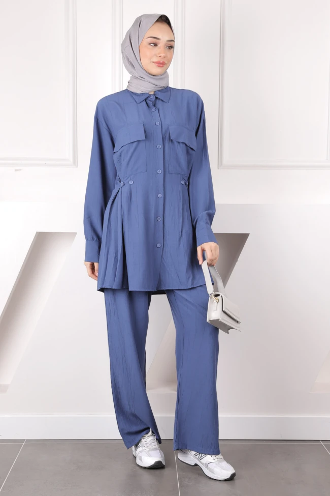 İndigo Cepli Tunik Pantolonlu Takım