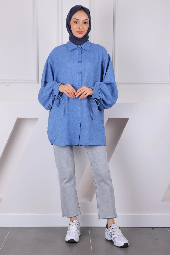 İndigo Kol Bağlamalı Keten Tunik