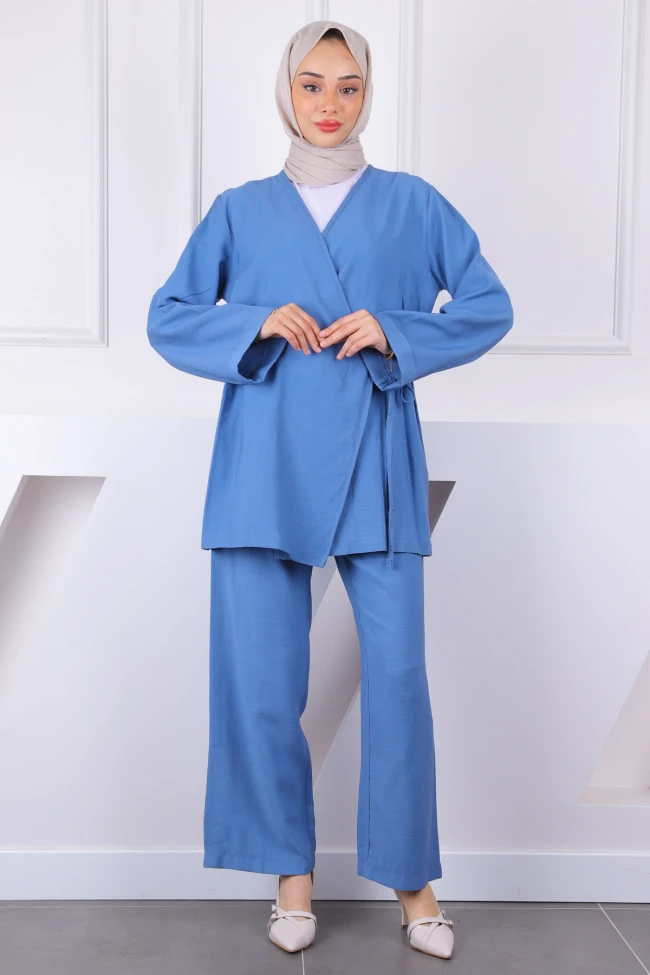 İndigo Ön Bağlamalı Kimono Pantolonlu Takım