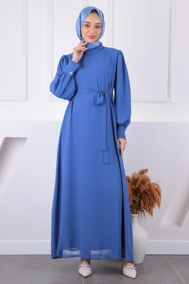 İndigo Yaka Fırfırlı Kuşaklı Şifon Elbise