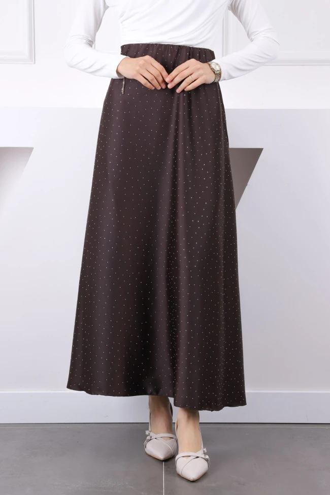 Kahverengi Bel Lastikli Taşlı Saten Etek