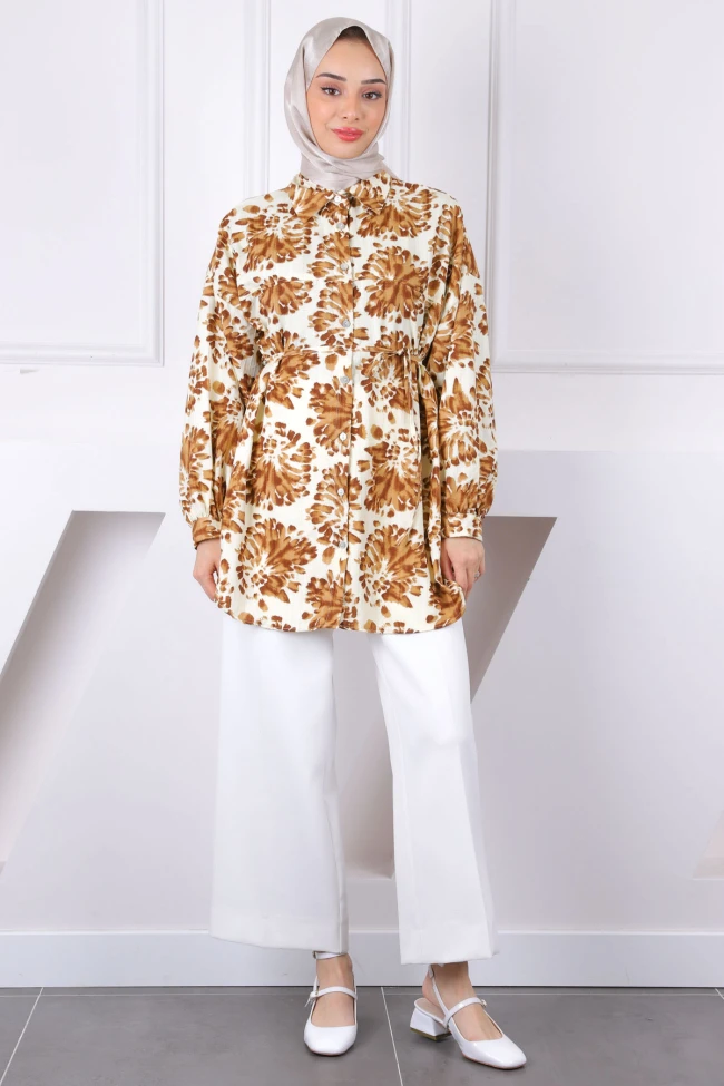 Kahverengi Desenli Düğmeli Tunik