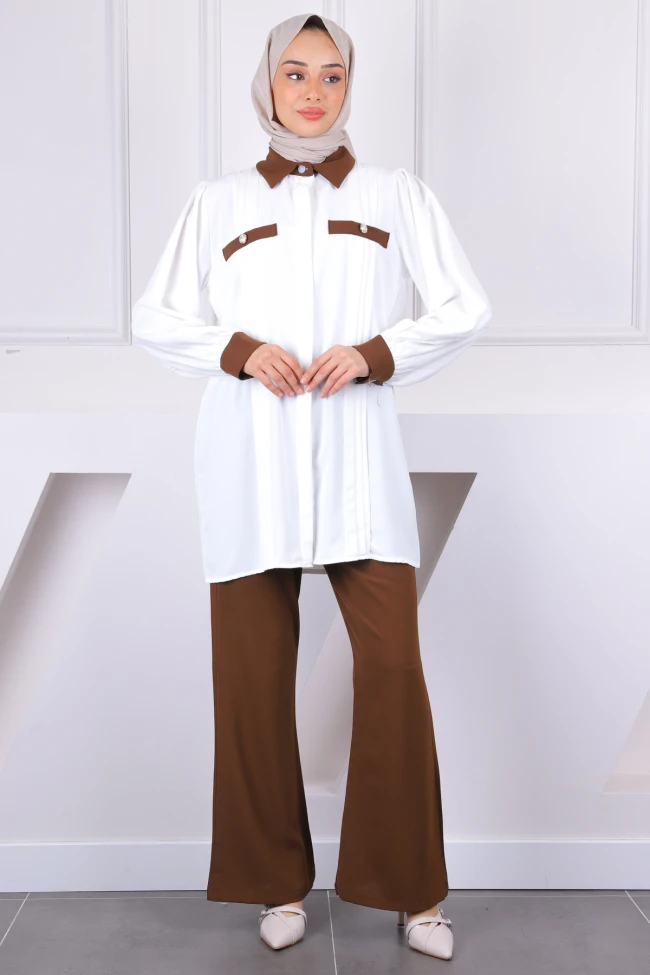 Kahverengi Düğmeli Tunik Pantolonlu Takım