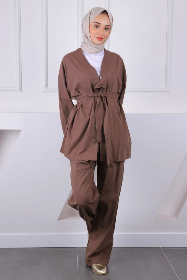 Kahverengi Kemerli Kimono Pantolonlu Takım
