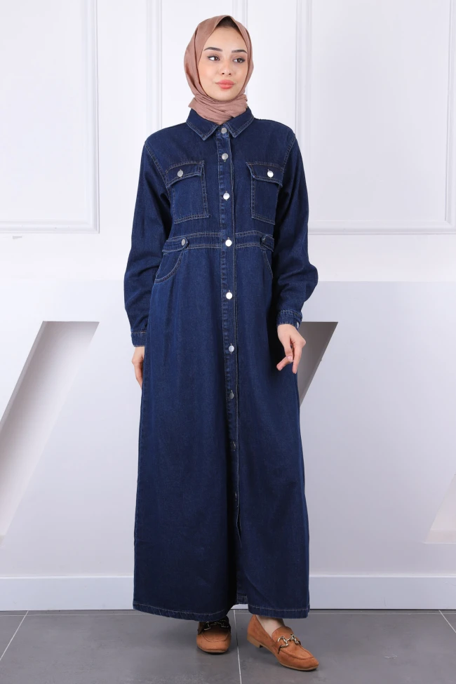 Koyu Mavi Cepli Kot Elbise