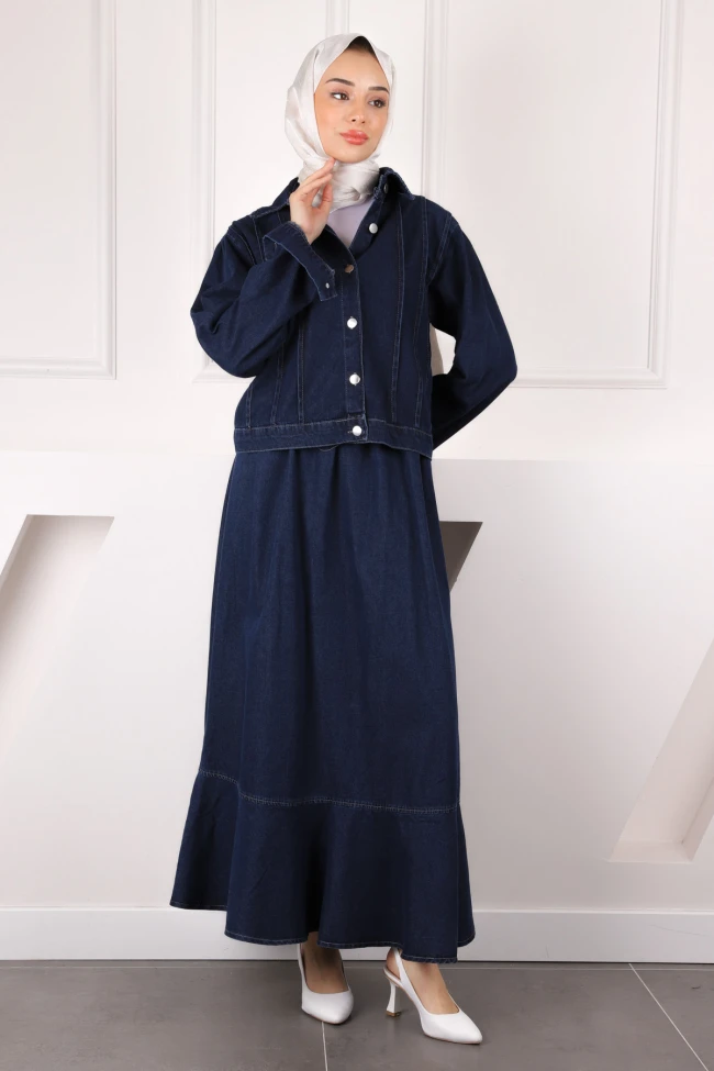 Koyu Mavi Kot Ceket Etekli Takım