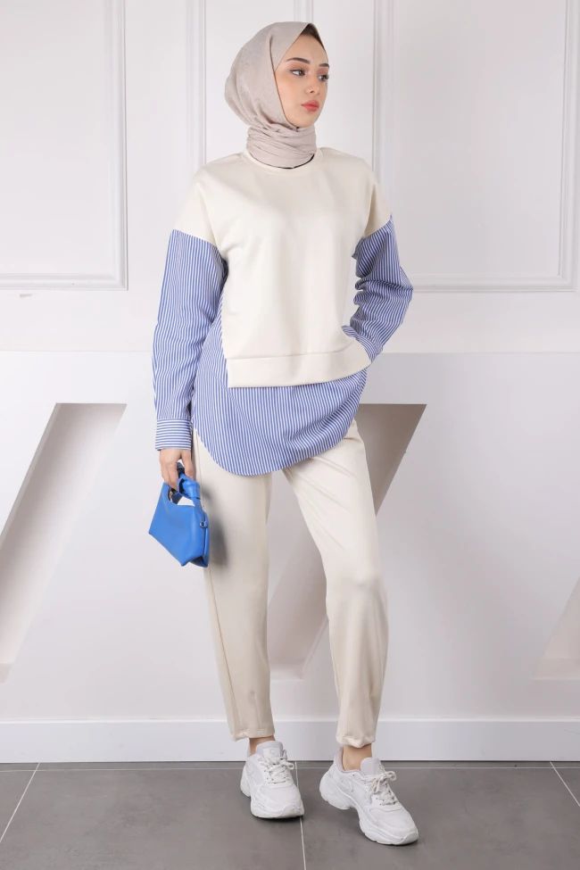 Krem Gömlek Garnili Modal Tunik Pantolonlu Takım