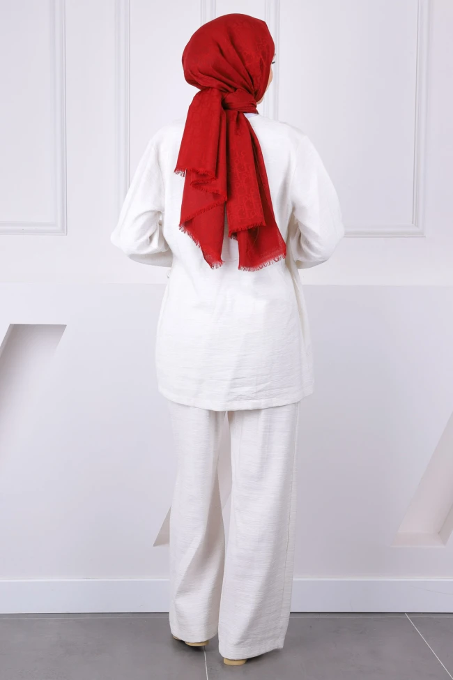 Krem Ön Bağlamalı Kimono Pantolonlu Takım