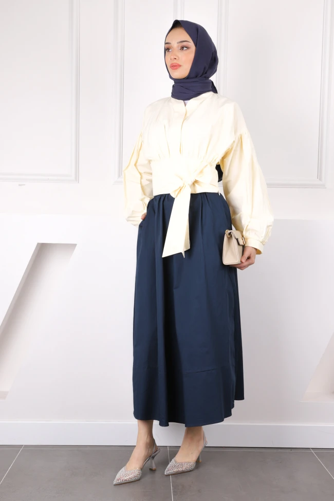 Lacivert Bel Bağlamalı Gabardin Bluz Etekli Takım