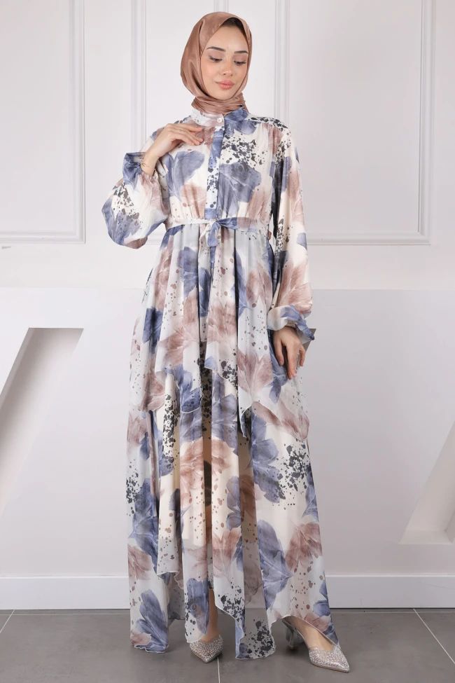 Lacivert Bel Kuşaklı Şifon Elbise