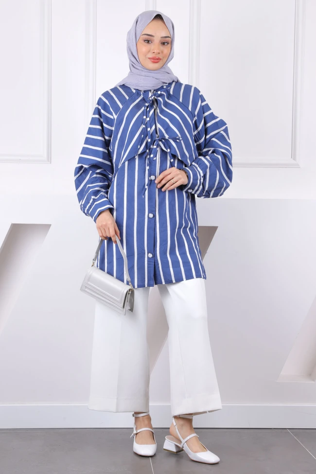 Lacivert Çizgili Yaka Detaylı Gömlek