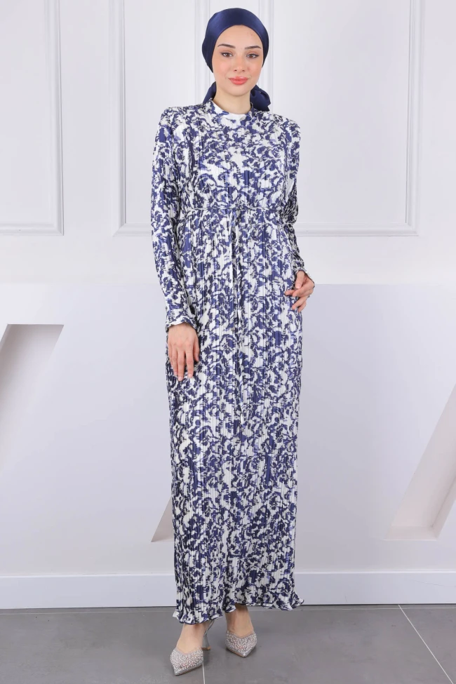 Lacivert Desenli Piliseli Saten Abiye