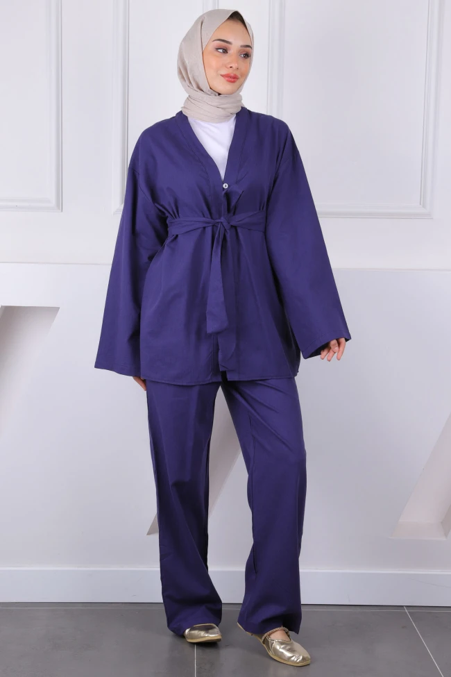 Lacivert Kemerli Kimono Pantolonlu Takım