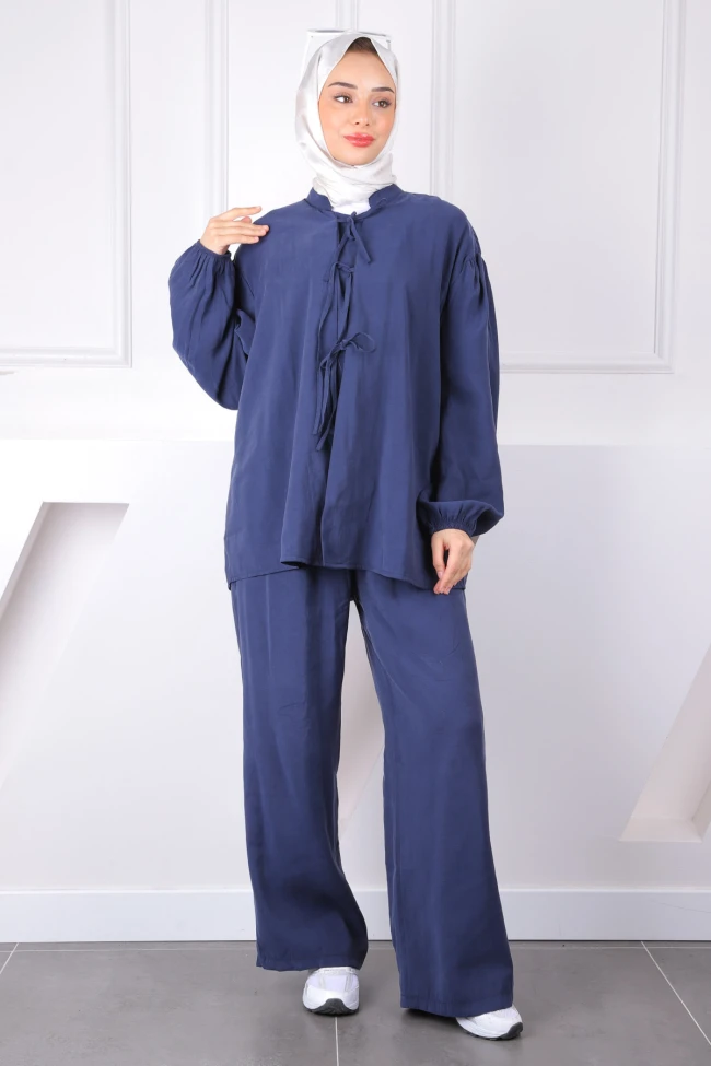 Lacivert Ön Bağlamalı Kimono Pantolonlu Takım