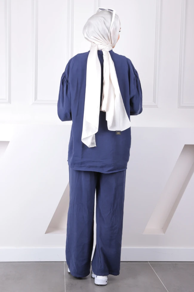 Lacivert Ön Bağlamalı Kimono Pantolonlu Takım
