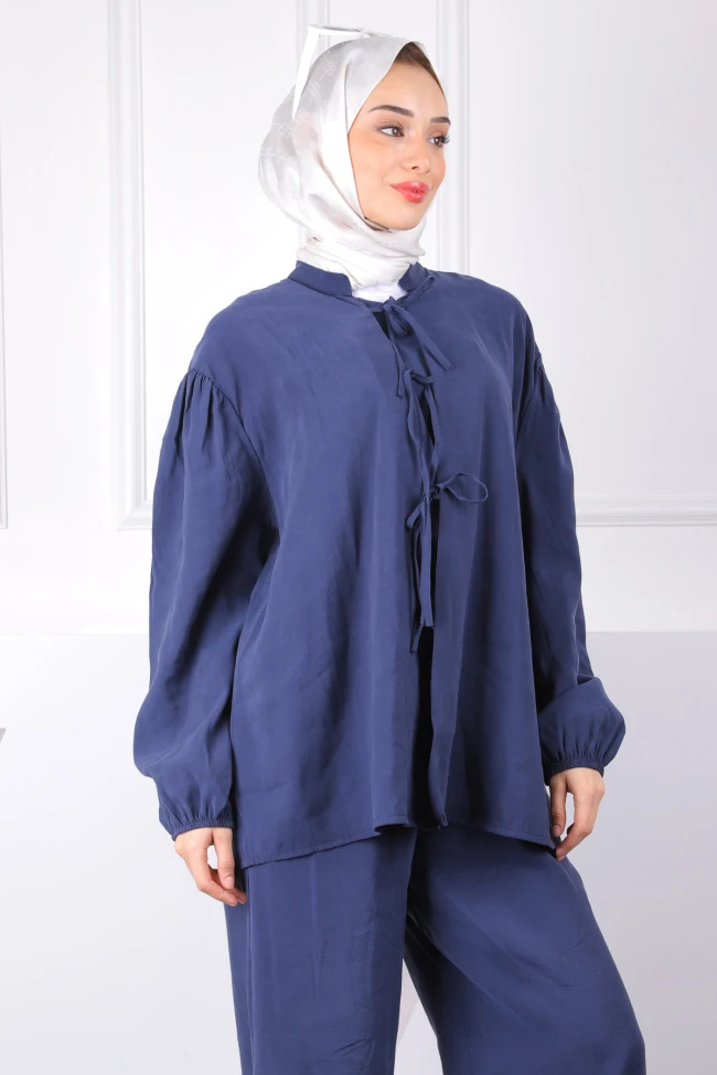 Lacivert Ön Bağlamalı Kimono Pantolonlu Takım