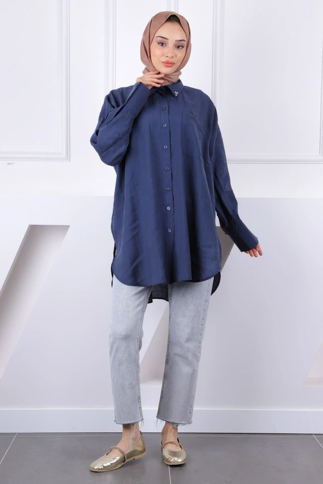 Lacivert Yaka Taşlı Tel Cepli Oversize Tunik