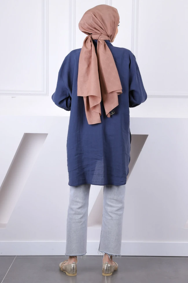 Lacivert Yaka Taşlı Tel Cepli Oversize Tunik