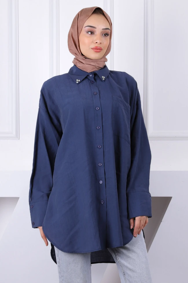 Lacivert Yaka Taşlı Tel Cepli Oversize Tunik