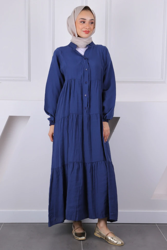 Lacivert Yarım Düğmeli Modal Elbise