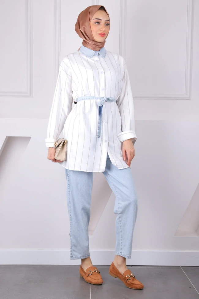 Mavi Bel Kuşaklı Kot Garnili Tunik Pantolonlu Takım