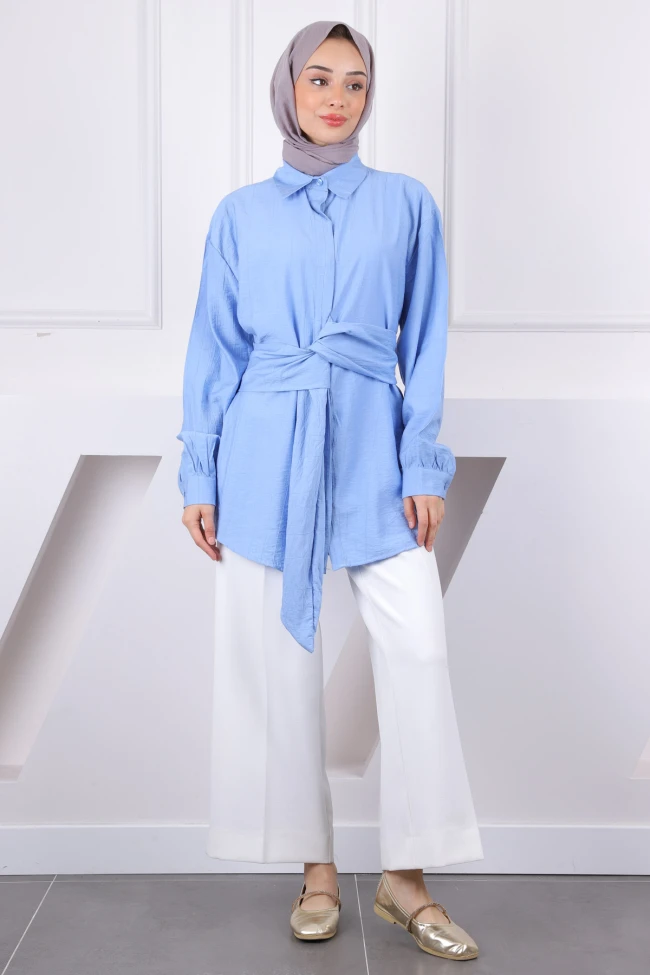 Mavi Bel Kuşaklı Modal Gömlek
