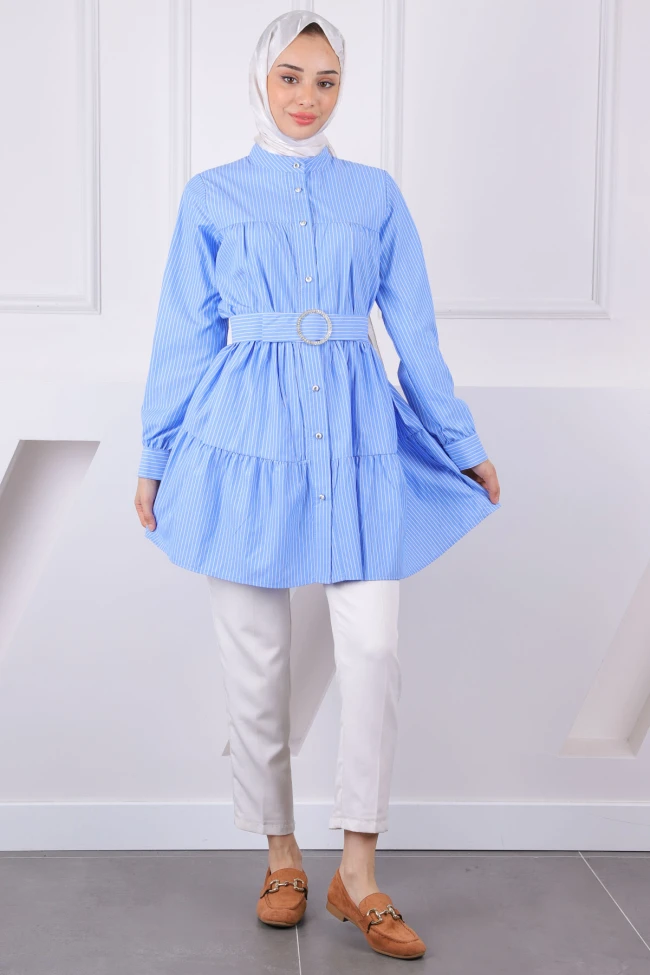 Mavi Hakim Yaka Çizgili Poplin Tunik