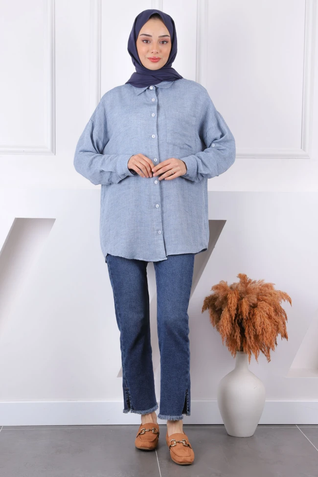 Mavi Kolu Katlı Düğmeli Gömlek