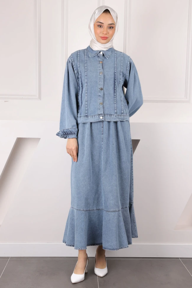 Mavi Kot Ceket Etekli Takım