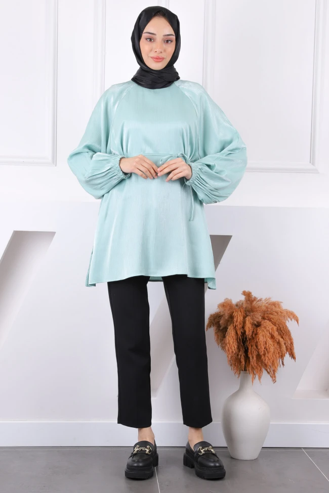 Mint Yeşili Bel Kuşaklı Parlak Tunik