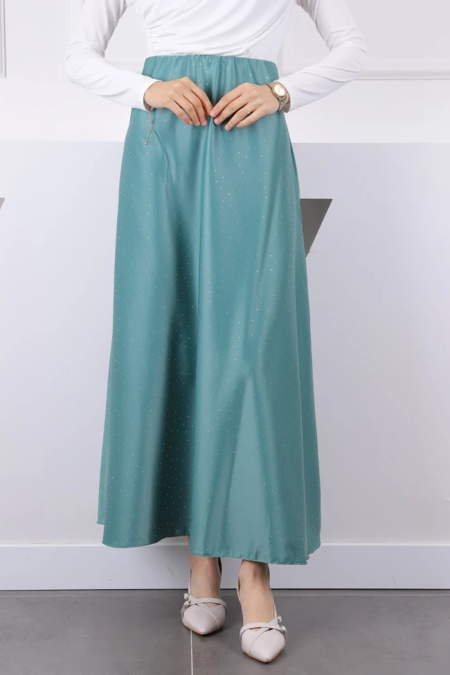 Mint Yeşili Bel Lastikli Taşlı Saten Etek