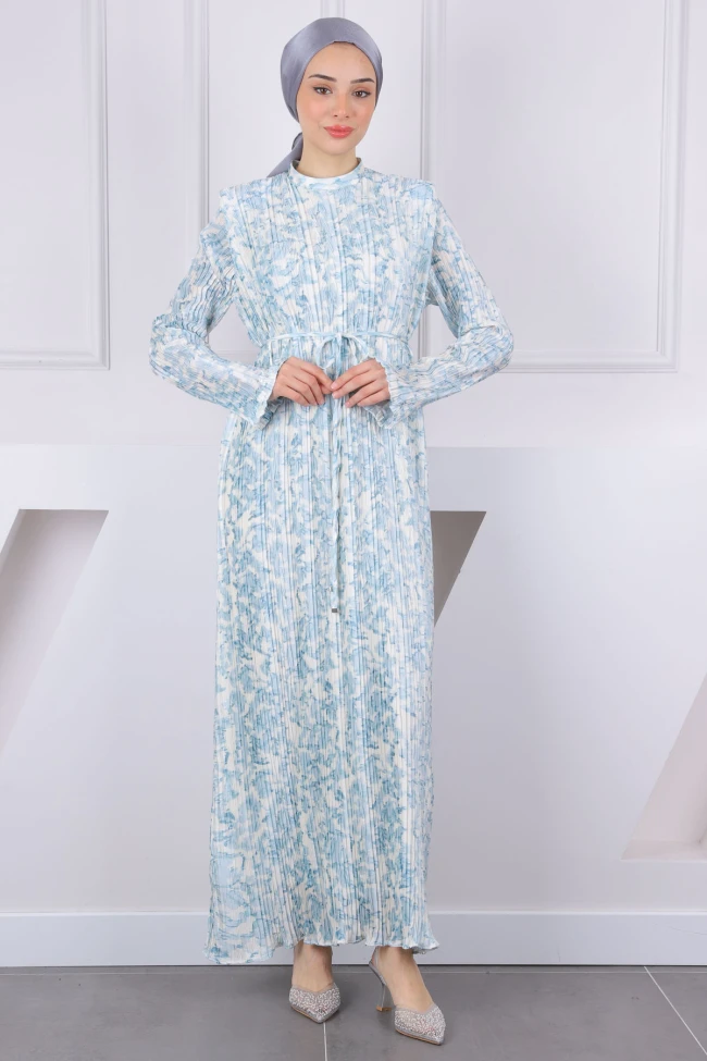 Mint Yeşili Desenli Piliseli Saten Abiye