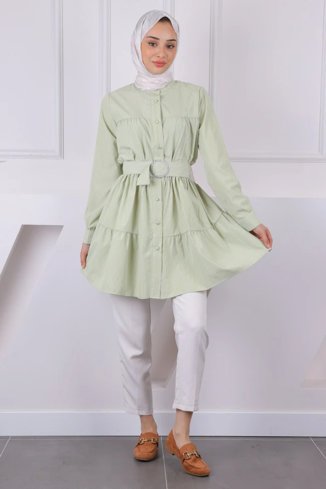 Mint Yeşili Hakim Yaka Çizgili Poplin Tunik