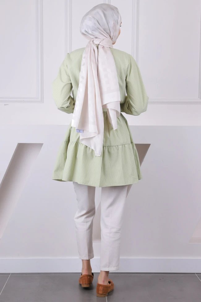 Mint Yeşili Hakim Yaka Çizgili Poplin Tunik