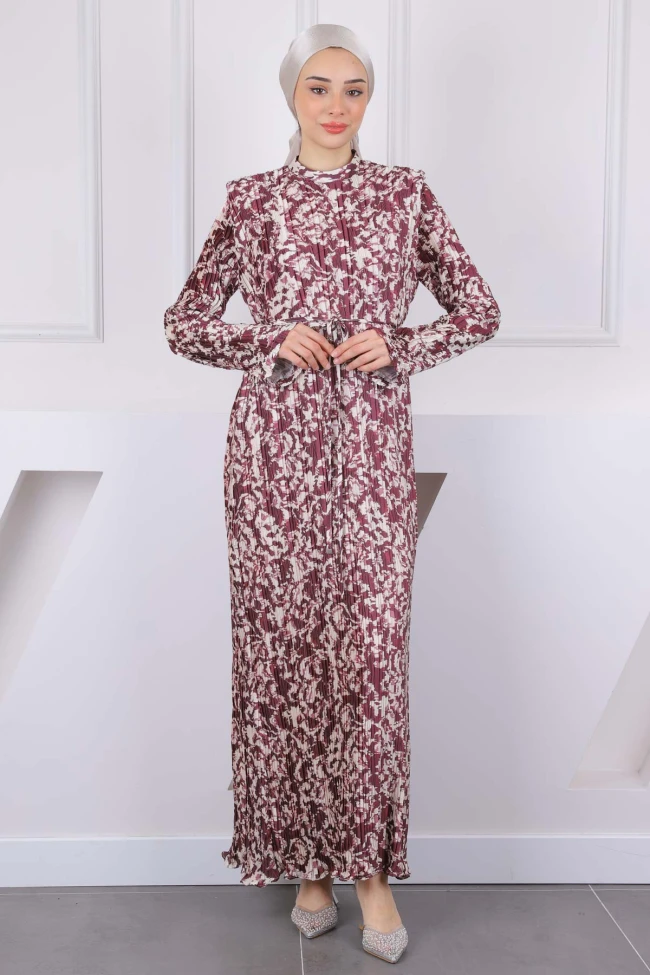 Mürdüm Desenli Piliseli Saten Abiye