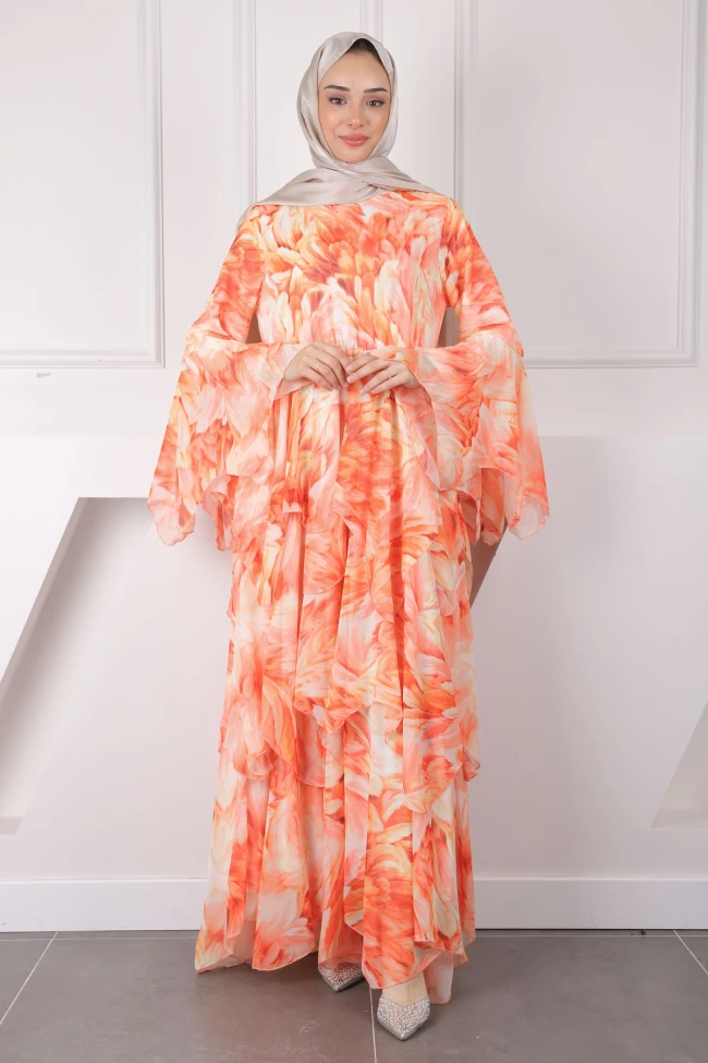 Oranj Desenli Eteği Katlı Şifon Elbise