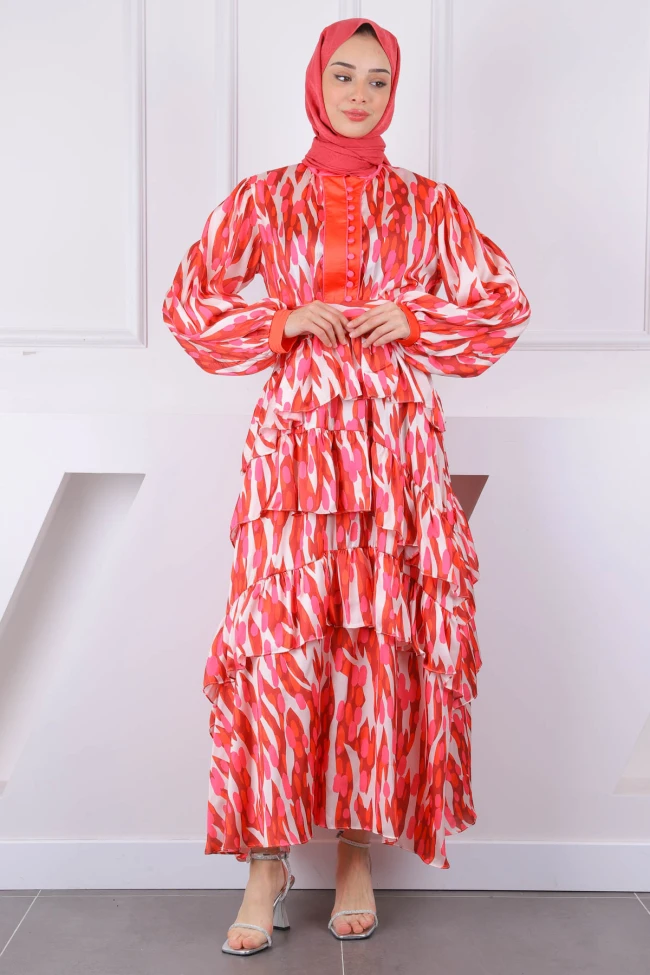 Pembe Desenli Eteği Katlı Saten Abiye