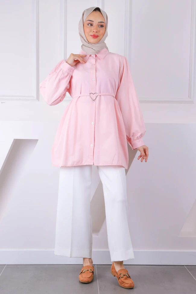 Pembe Kuşaklı Düğmeli Tunik