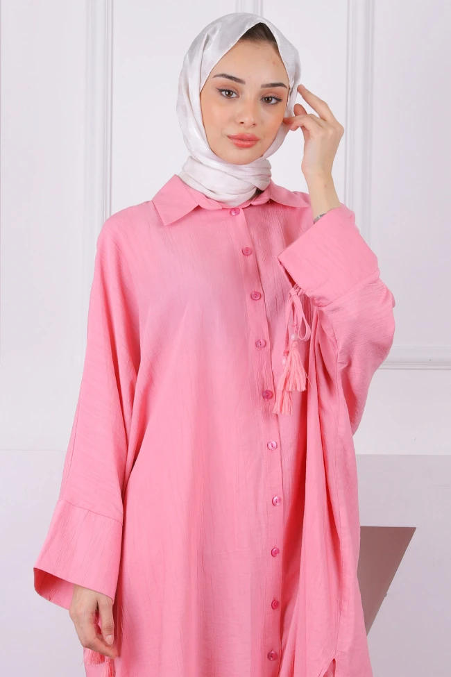 Pembe Yarasa Kol Püskül Detaylı Tunik