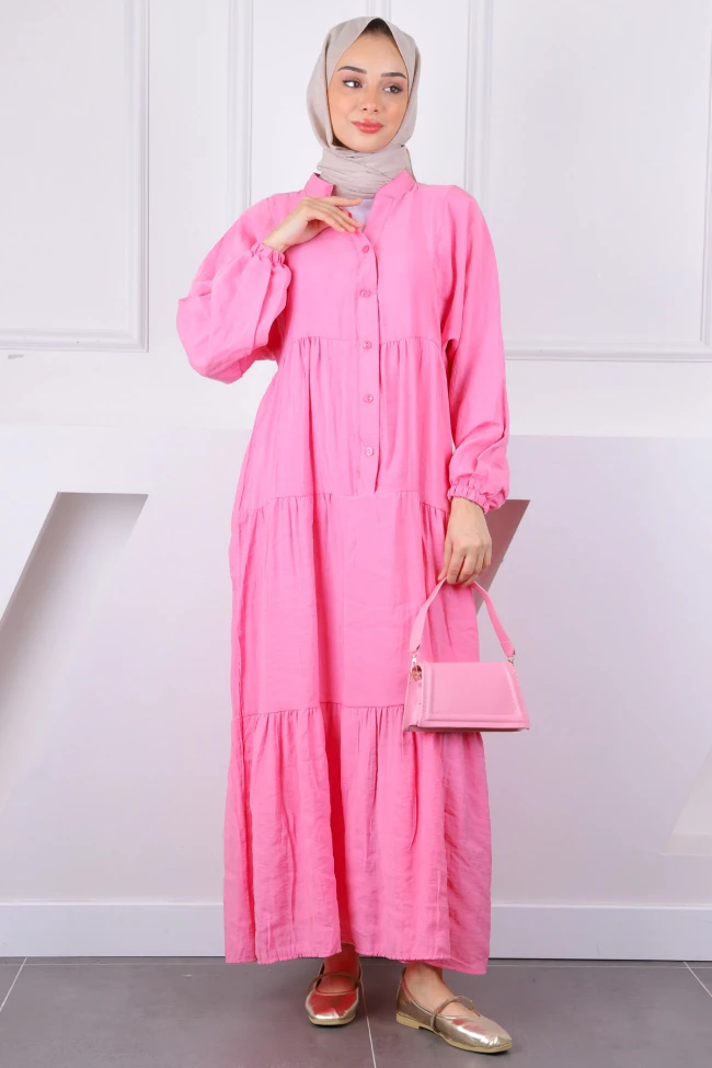 Pembe Yarım Düğmeli Modal Elbise