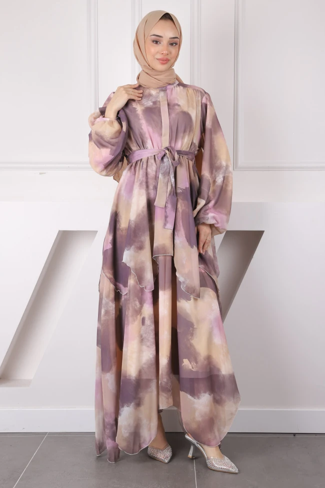 Pudra Bel Kuşaklı Şifon Elbise