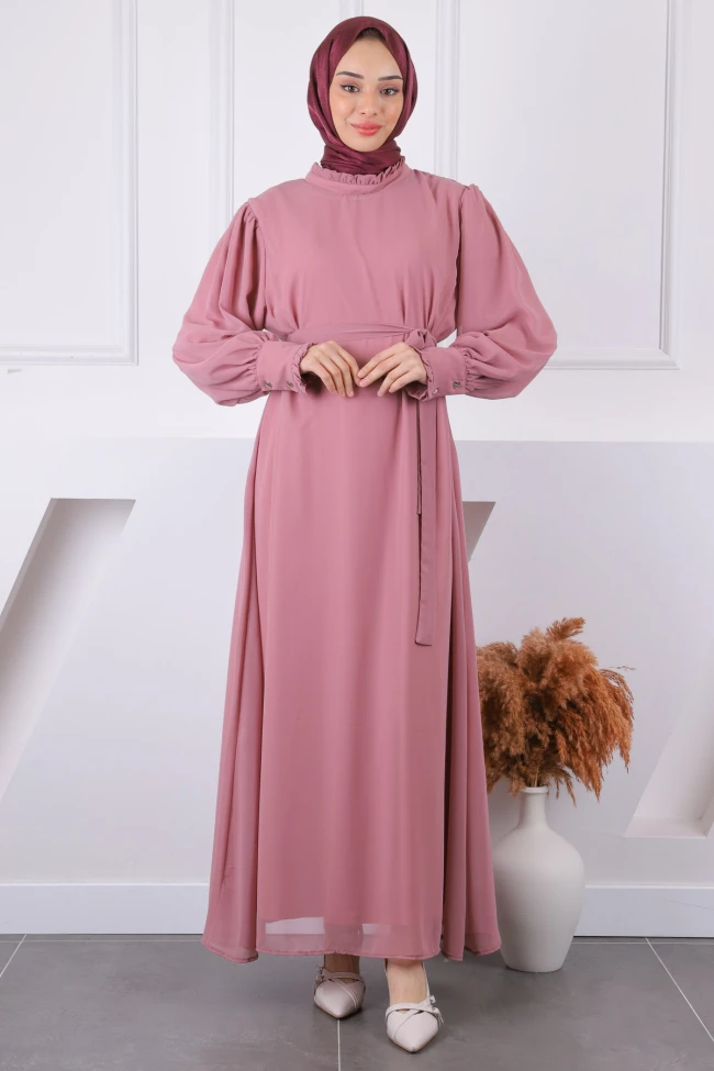 Pudra Yaka Fırfırlı Kuşaklı Şifon Elbise